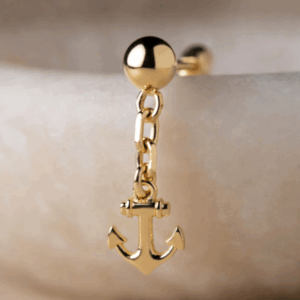 Gold Ball Stud with Dangle Anchor Earring